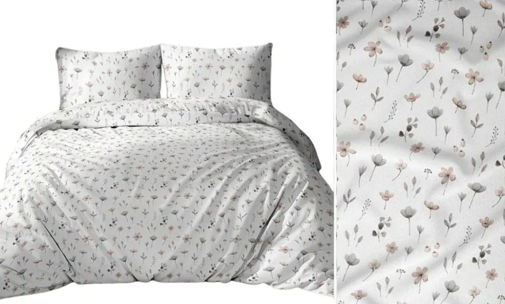 Linge de Lit 140x200 Motif Floral en Pur Coton Respirant Blanc et Gris