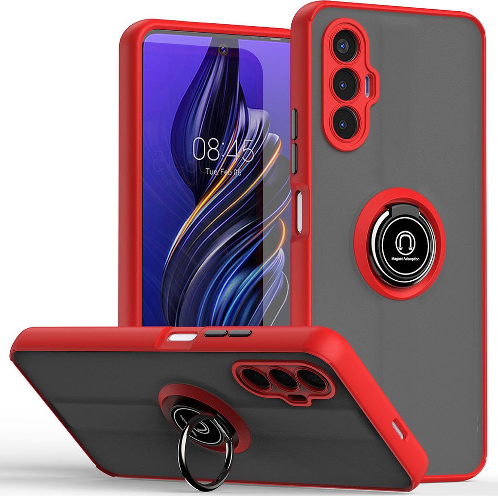 Tecno Pova 3 Hülle, Ring Halter Ständer Matte TPU Rahmen Stoßfest Schutzhülle für Tecno Pova 3 Rot