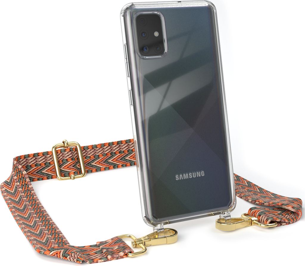 EAZY CASE Handykette - Verstellbarer Trageriemen kompatibel mit Samsung Galaxy A51, Handykordel mit transparenter Silikon-Hülle, Band in Orange