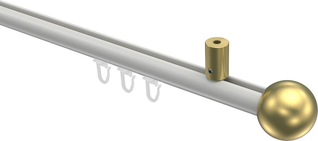 Interdeco Innenlaufstange / Gardinenstange mit Innenlauf Weiß / Messing-Optik, Typ Sonius Luino (Kugel) Deckenmontage, 20 mm Ø 1-läufig, 240 cm