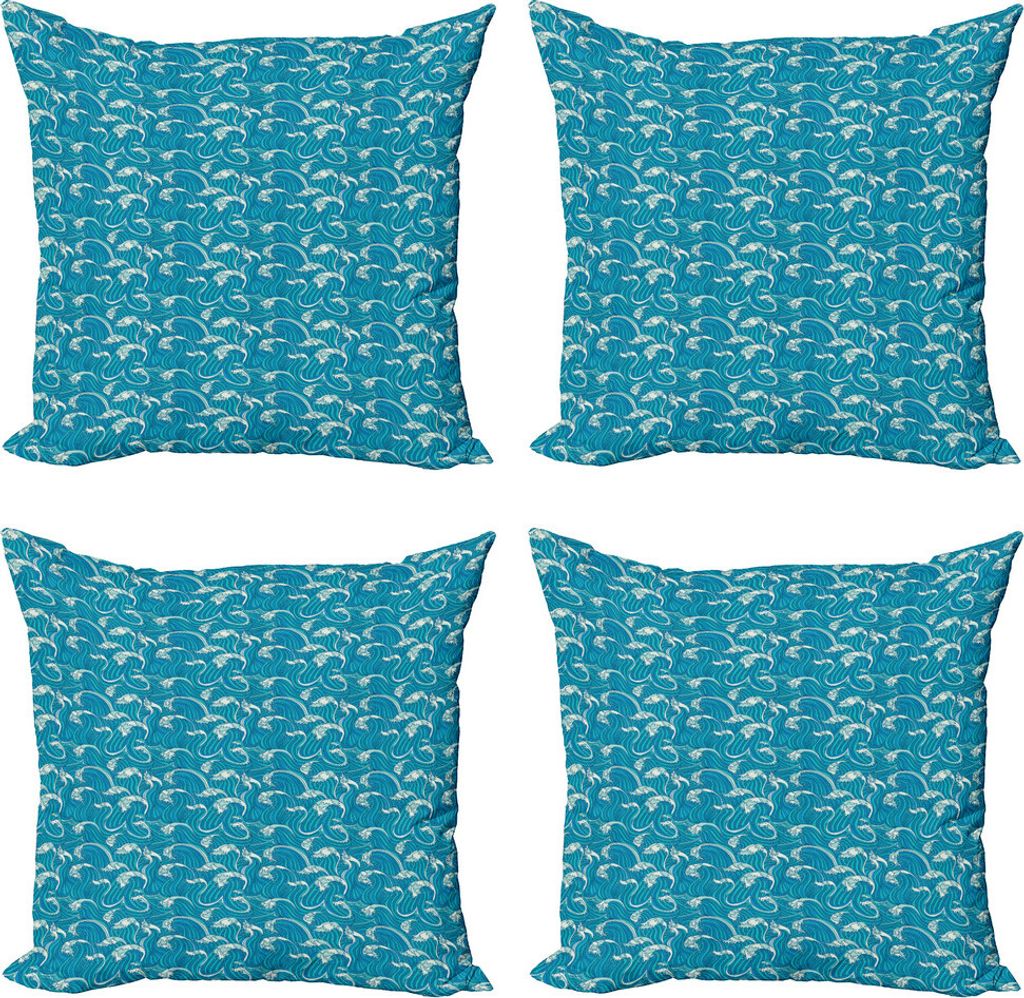 ABAKUHAUS Meer Kissenbezug Set (4 Stück), Nautical Schäumende Linien Zeichnung, Moderner Doppelseitiger Digitaldruck, 60 cm x 60 cm, Sea Blue Ivory