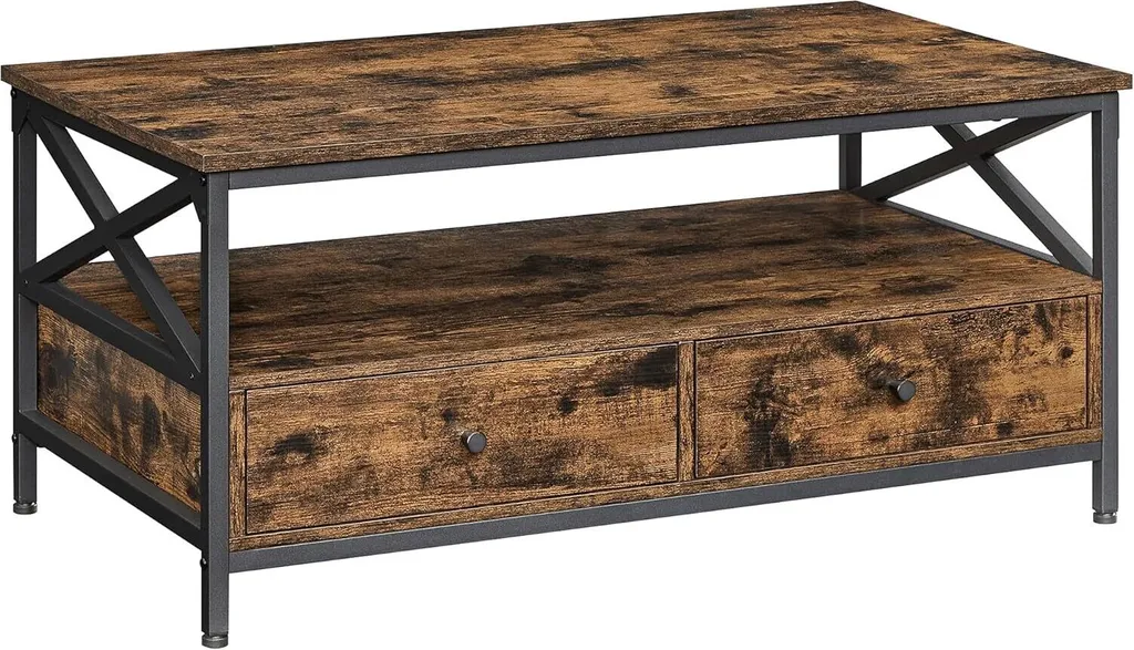 Table Basse avec Tréteaux en X et Double Tiroir de Rangement 100cm