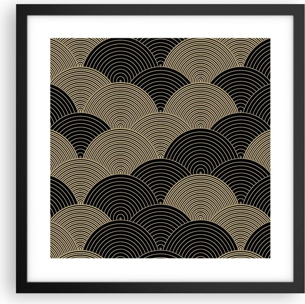 Gerahmtes Poster - Schwarzer Rahmen - Schwarz und Gold Kreise Grafiken - 40x40 cm - Wand Bild - Wanddeko - Wandbilder - Kunstposter - Wandposter - ...