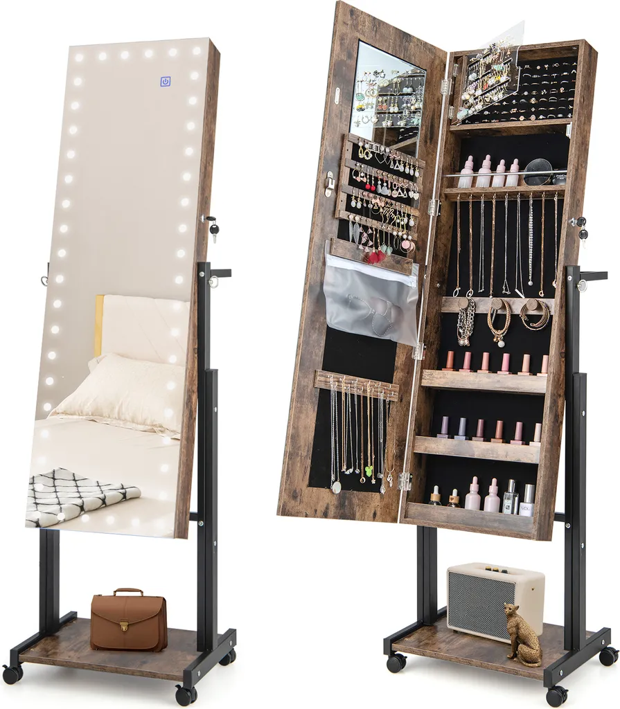 Miroir Psyché Armoire à Bijoux avec Éclairage LED et Rangement Brun