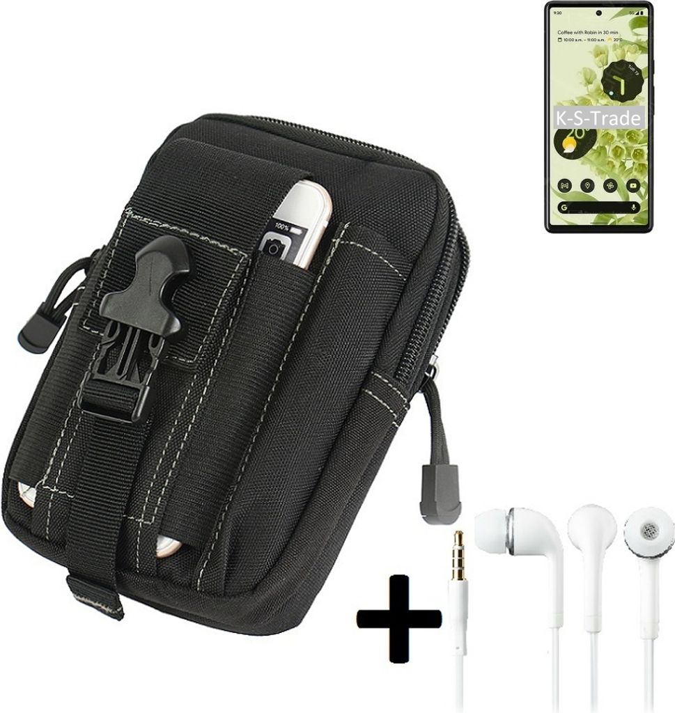 K-S-Trade Gürteltache + Kopfhörer kompatibel mit Google Pixel 6 Gürtel Tasche Holster Schutz Hülle Handy Hülle schwarz inkl. Extrafächer