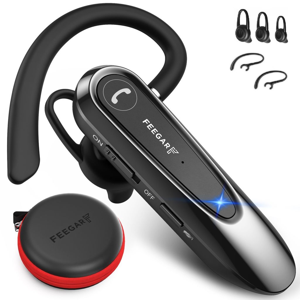 A black Bluetooth headset with a charging case and earbud accessories, presented on a white background.