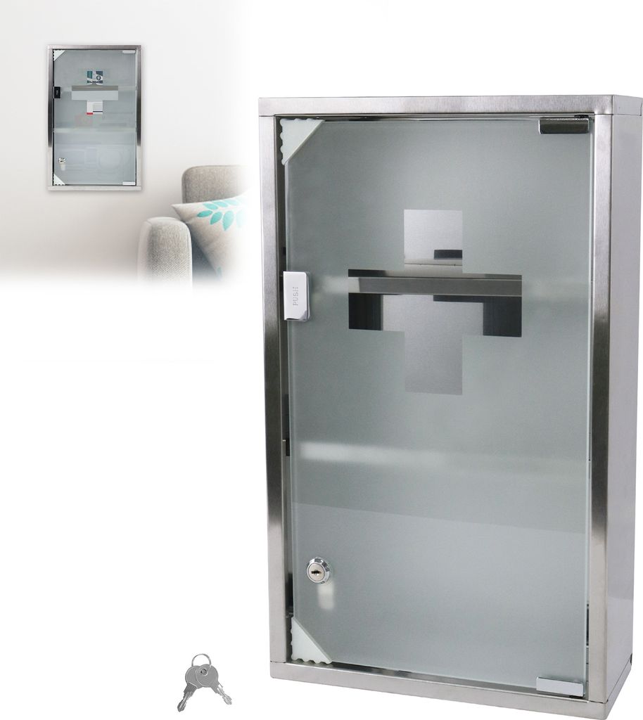 LARS360 Medizinschrank Arzneischrank abschließbar Medikamentenschrank Hausapotheke 4 Fächer, Edelstahl, Glas, Tür Hausapotheke Apothekerschrank,...