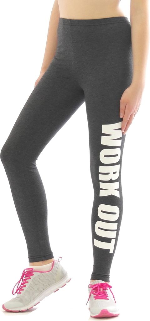 Lange Leggings Schrift WORK OUT Leggins lang Baumwolle Hose dunkelgrau S