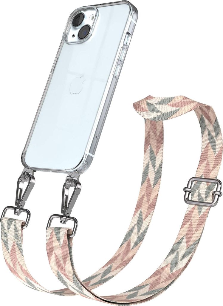 EAZY CASE Handykette - Verstellbarer Trageriemen kompatibel mit Apple iPhone 15, Handykordel mit transparenter Silikon-Hülle, Karabiner Silber, Mi...