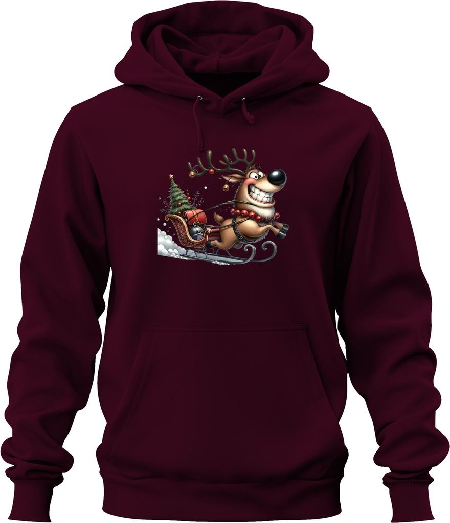 Lustiges Rentier Schlitten Weihnachten Geschenk Retro Uni Hoodie Kapuzenpullover, Burgundy, XXL
