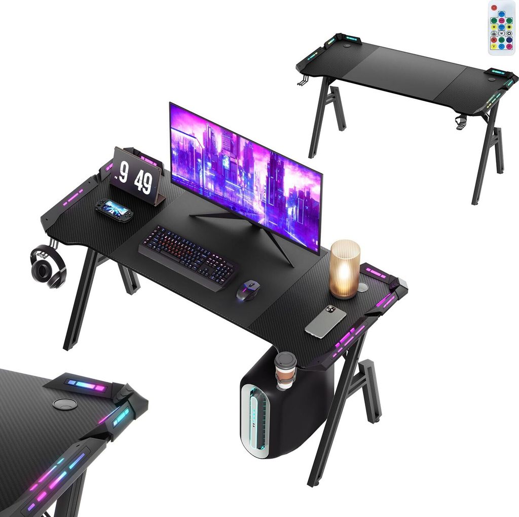 YARDIN Gaming Schreibtisch 140 x 60cm Gamer Tisch A-f?rmiger Kohlefaseroberfl?che Computertisch mit RGB LED-Licht, Ergonomischer Eckschreibtisch mi...