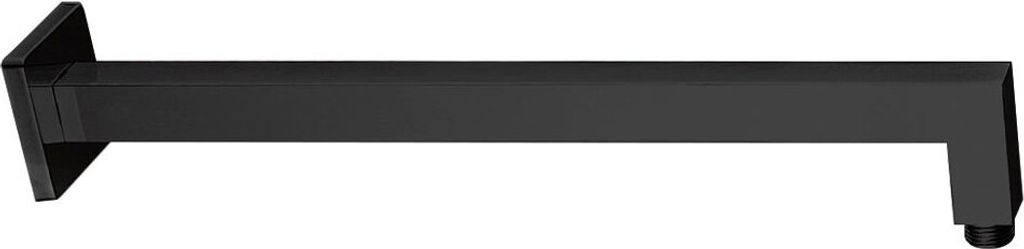 A black, angular shower arm mounted on a white background.