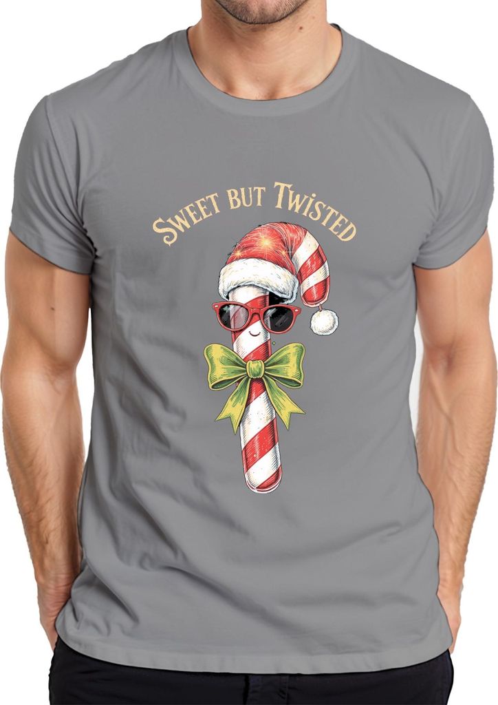 Sweet But Twisted Candy Cane Santa Hat Sunglasses Bow Weihnachten Herren T-Shirt, Grau, XL
