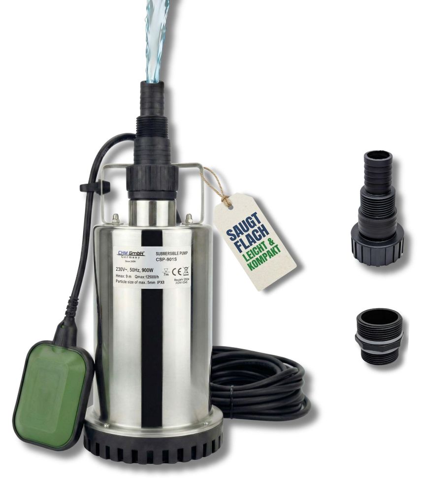 CHM GmbH Flachsaugpumpe Edelstahl 900 Watt Kellerpumpe, Tauchpumpe, Poolpumpe