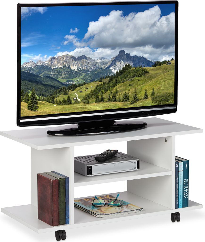 Meuble TV Relaxdays à roulettes, 4 étagères ouvertes, table Image du produit 