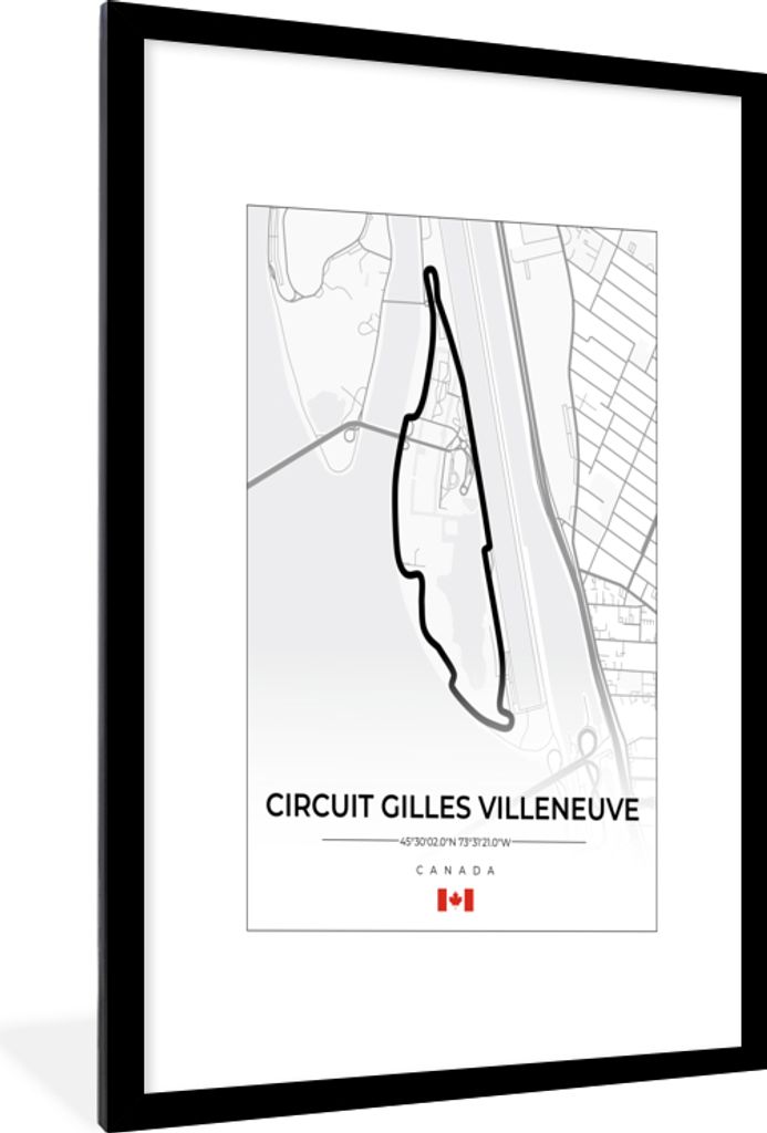 MuchoWow Gerahmtes Poster Rennsport - Rennstrecke - Circuit Gilles Villeneuve - Rennstrecke - F1 - Kanada - Weiß 60x90 cm - Poster mit Schwarzem...