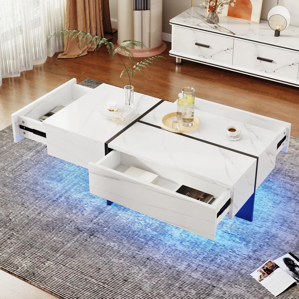 Table Basse LED Multicolore avec Tiroirs Pratiques - Design Blanc MDF - 6