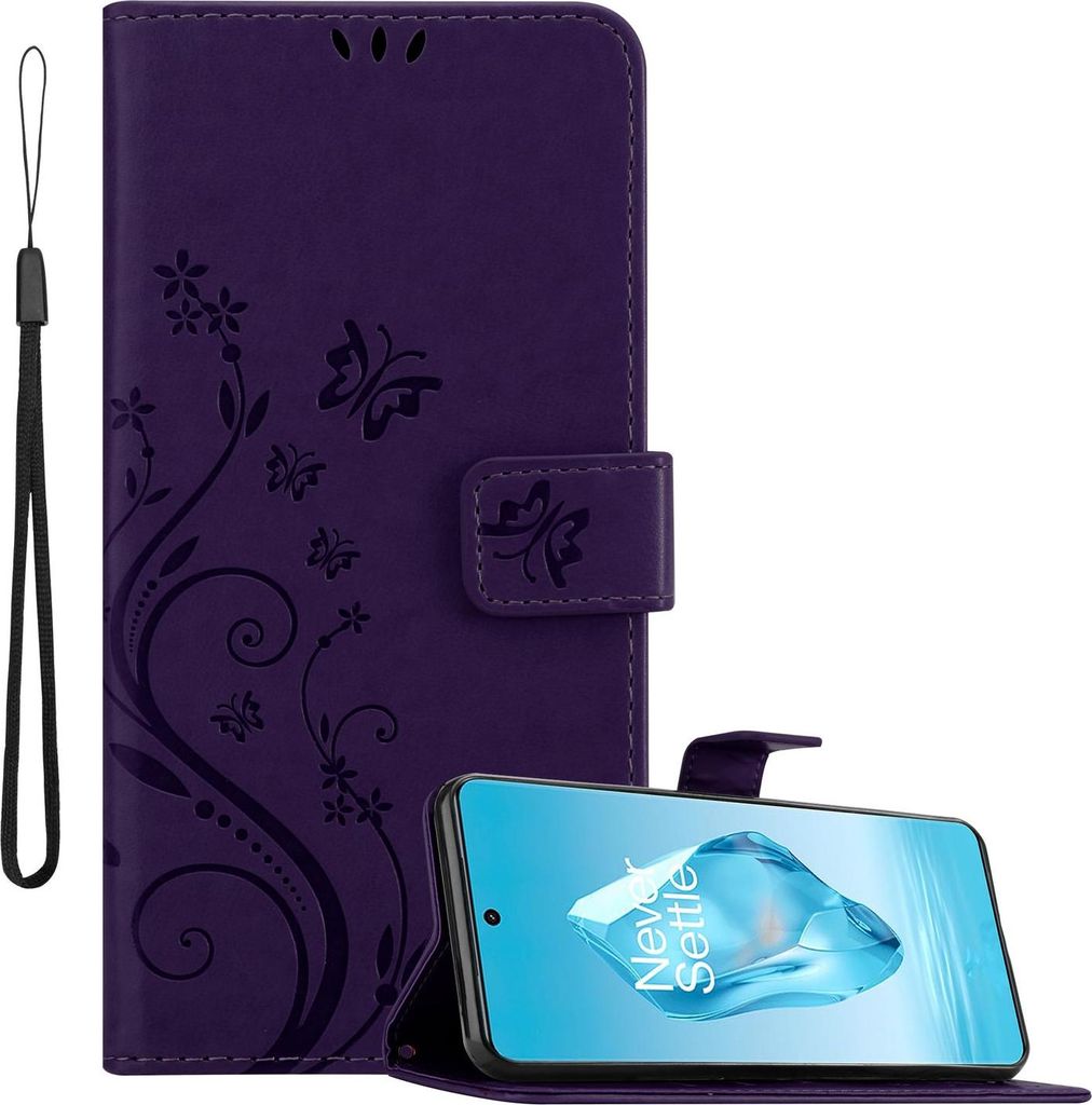 Cadorabo Hülle für OnePlus 12R in FLORAL DUNKEL LILA Schutzhülle im Blumen Design mit Magnetverschluss, Standfunktion und Kartenfächern Flip Ca...