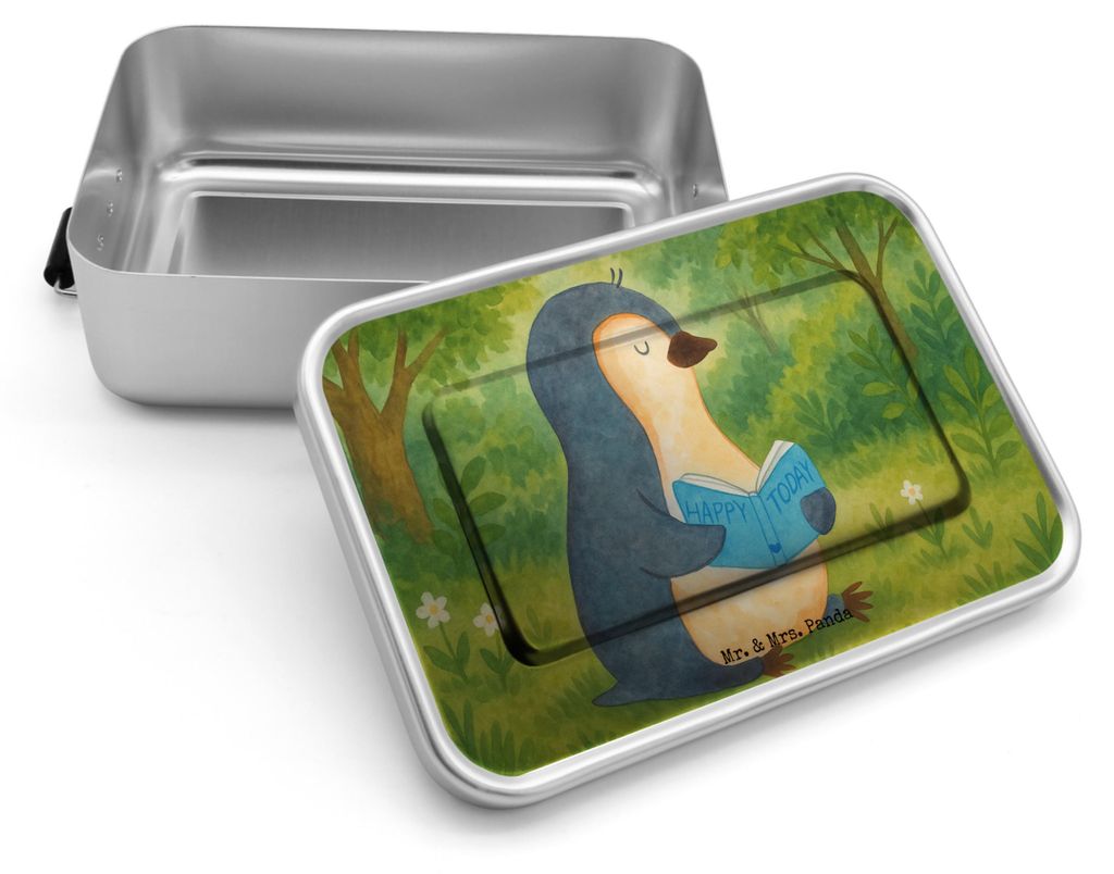 Mr. & Mrs. Panda Lunchbox Pinguin Buch Design - Weiß - Geschenk, Metallbox, Brotbox Metall, Nichtstun, Ferien, Lunchdose, Urlaub, Snackbox, Ausruh...