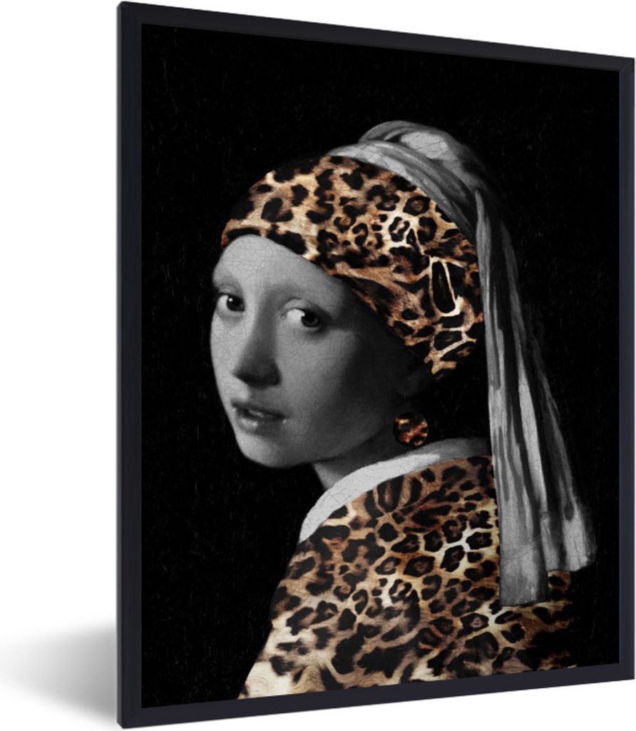 MuchoWow Gerahmtes Poster Mädchen mit Perlenohrring - Panther - Alte Meister 30x40 cm - Poster mit Schwarzem Bilderrahmen Wandposter Rahmen Foto...