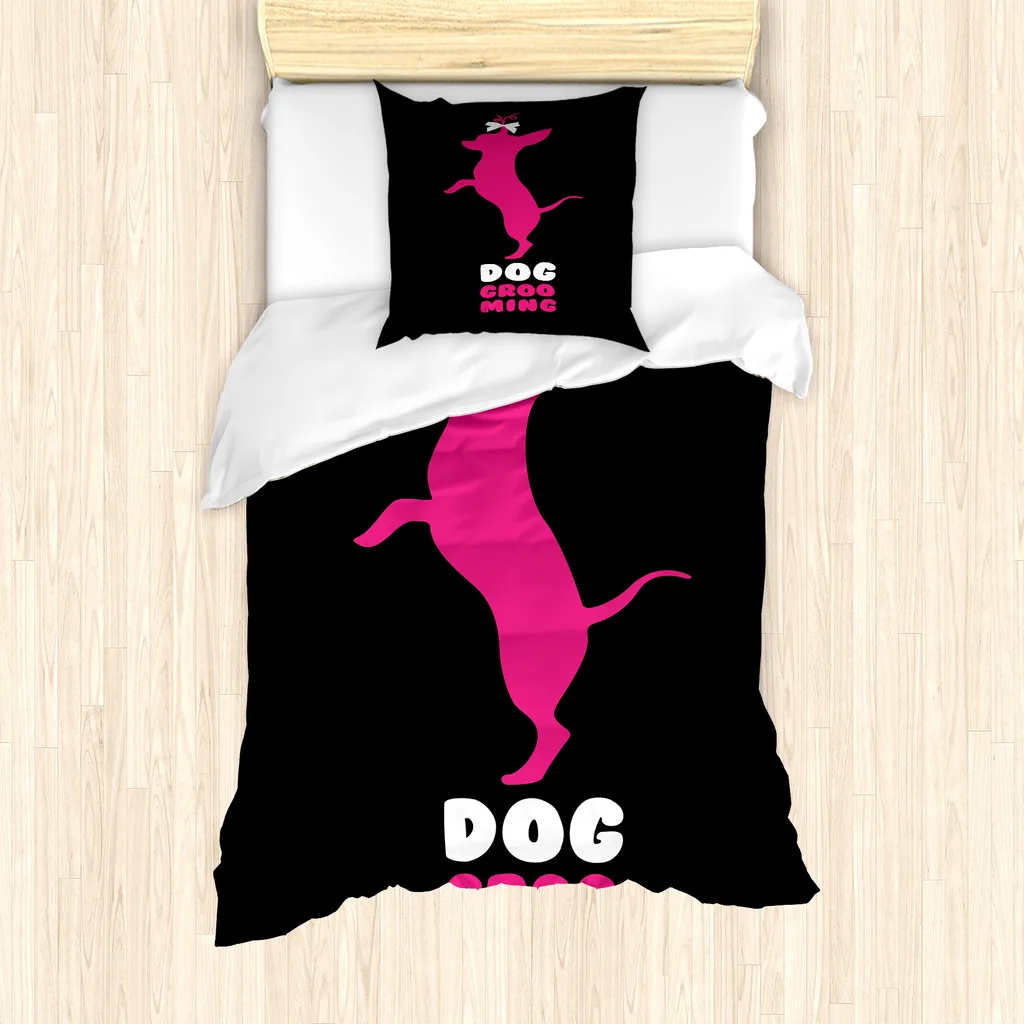 ABAKUHAUS Set copripiumino per letto singolo Chihuahua, cane in piedi con fiocco divertente, antiacaro, adatto a chi soffre di allergie, con federa, 135 cm x 200 cm - 80 x 80 cm, grigio antracite e rosa