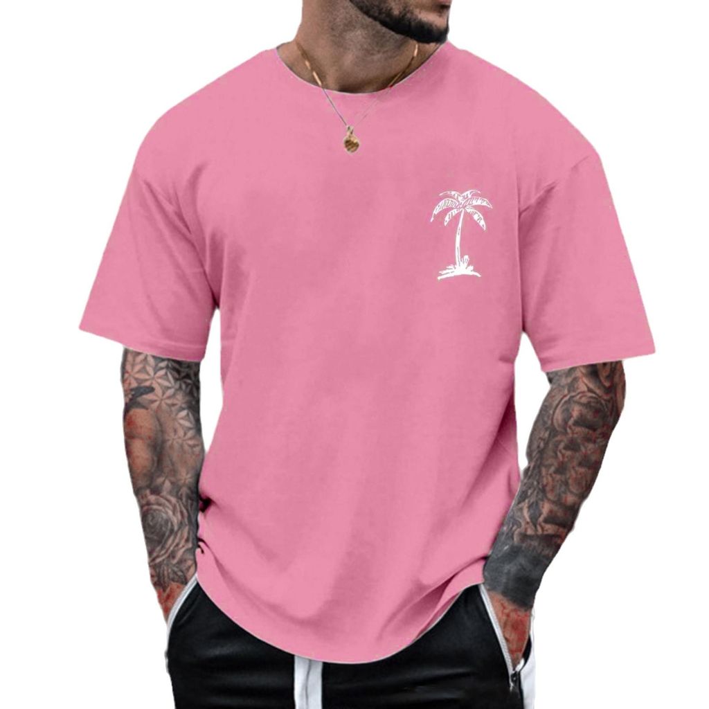 ASKSA Herren Tshirt Sommer Oversize T-Shirts Rundhals Kurzarm T Shirt mit Kokosnussbaum Drucken Basic Shirts (Rosa,4XL)