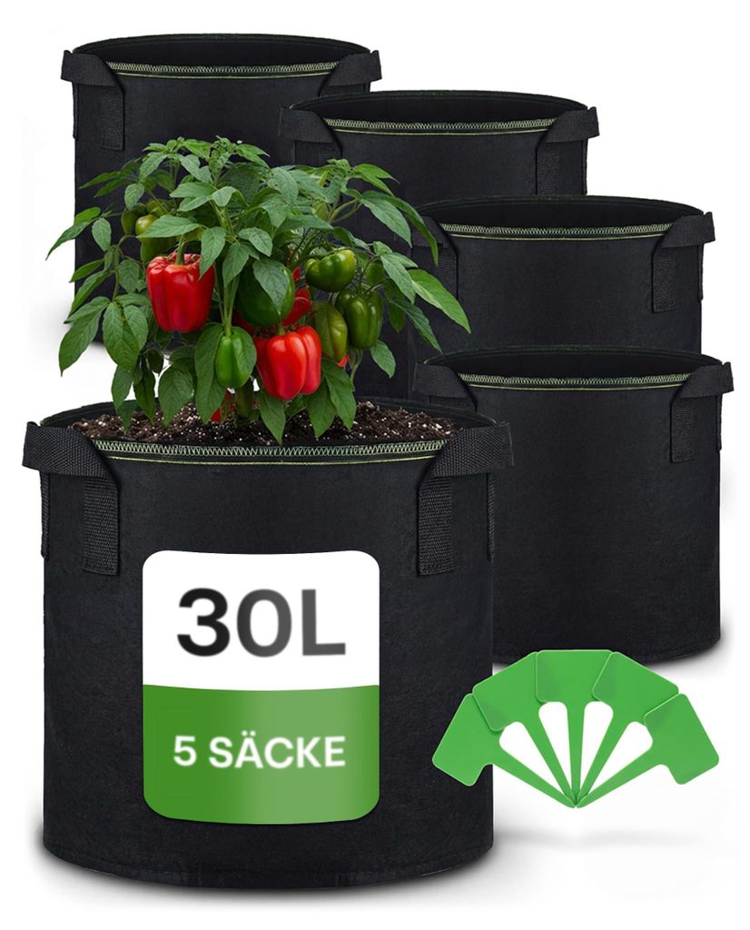 Pflanzsack 30l - 5 STK aus Vliesstoff mit 5 Schilder zum Produktbild 