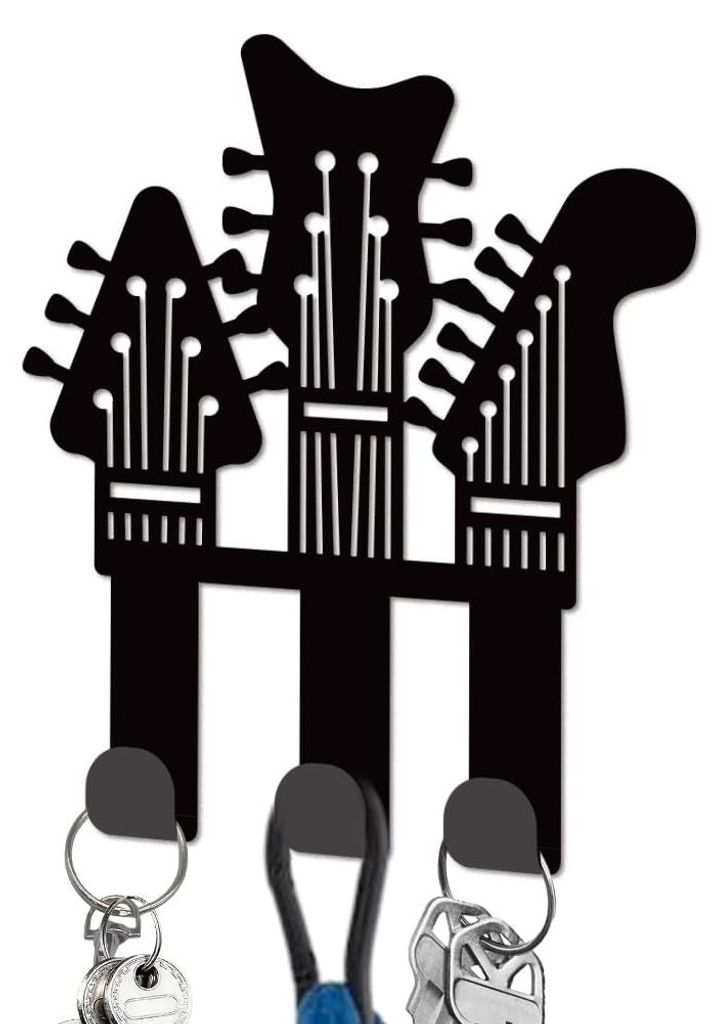 Metallener Schlüsselhalter in Form eines Gitarrenhalses mit 3 Haken für den Eingang.