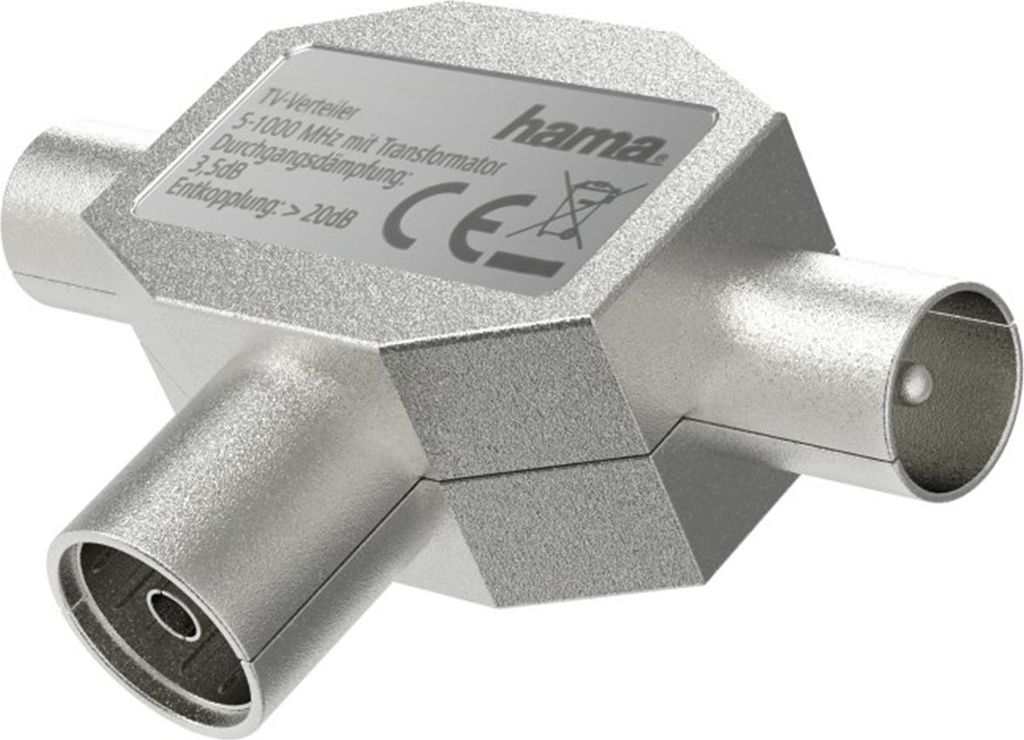 A close-up studio shot of a silver coaxial antenna splitter.