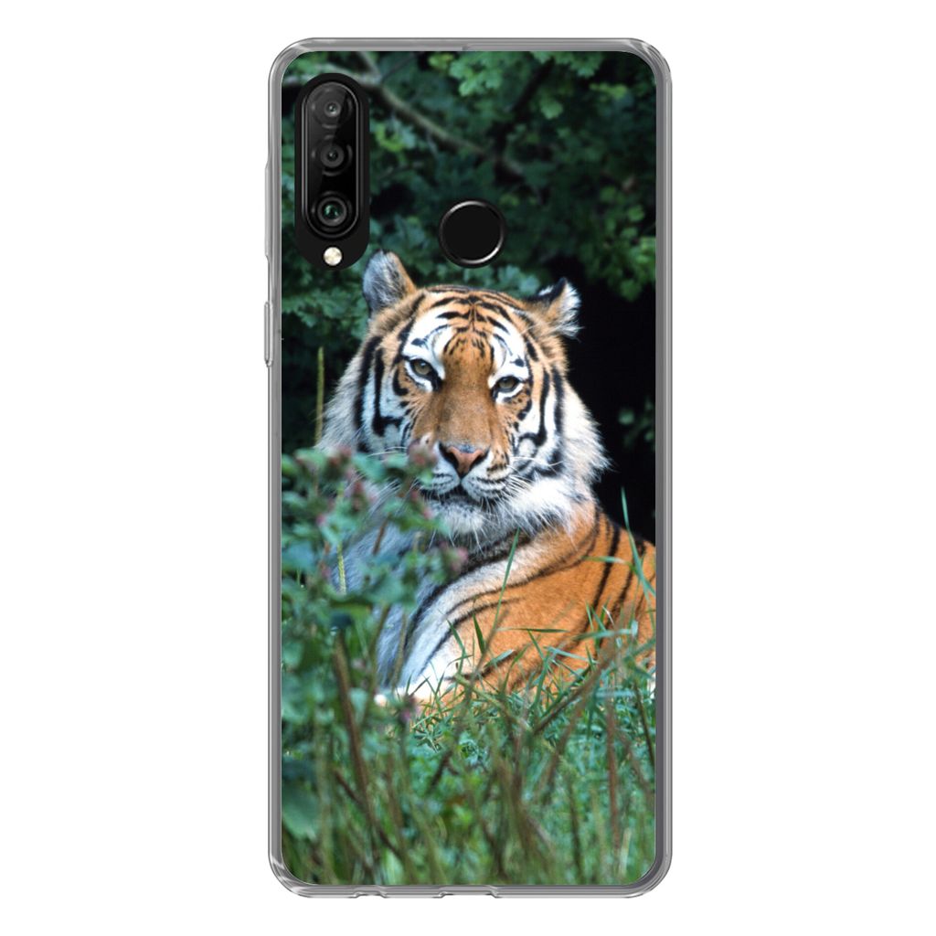 MuchoWow Handyhülle Schutzhülle Hülle für Huawei P30 Lite Tiger - Gras - Grün Silikon Softcase Handy Hülle - Handyhülle