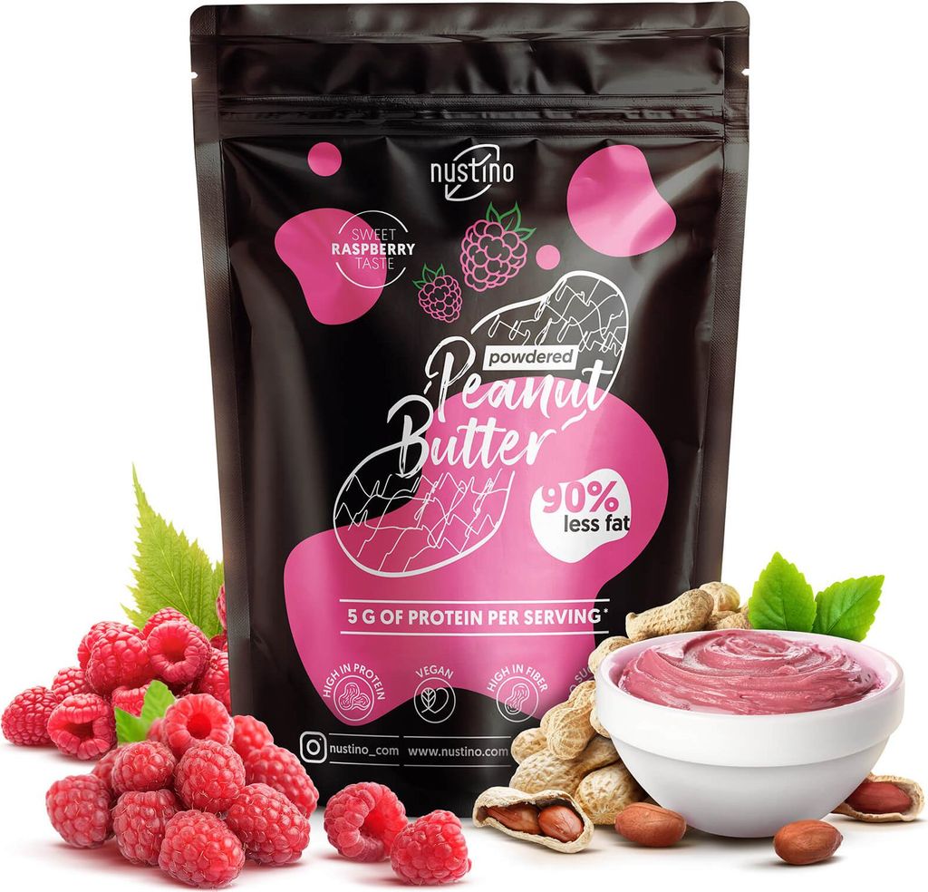 Nustino Erdnussbutter Pulver Himbeere 400 g – Protein Peanut Butter mit Frucht ohne Zucker