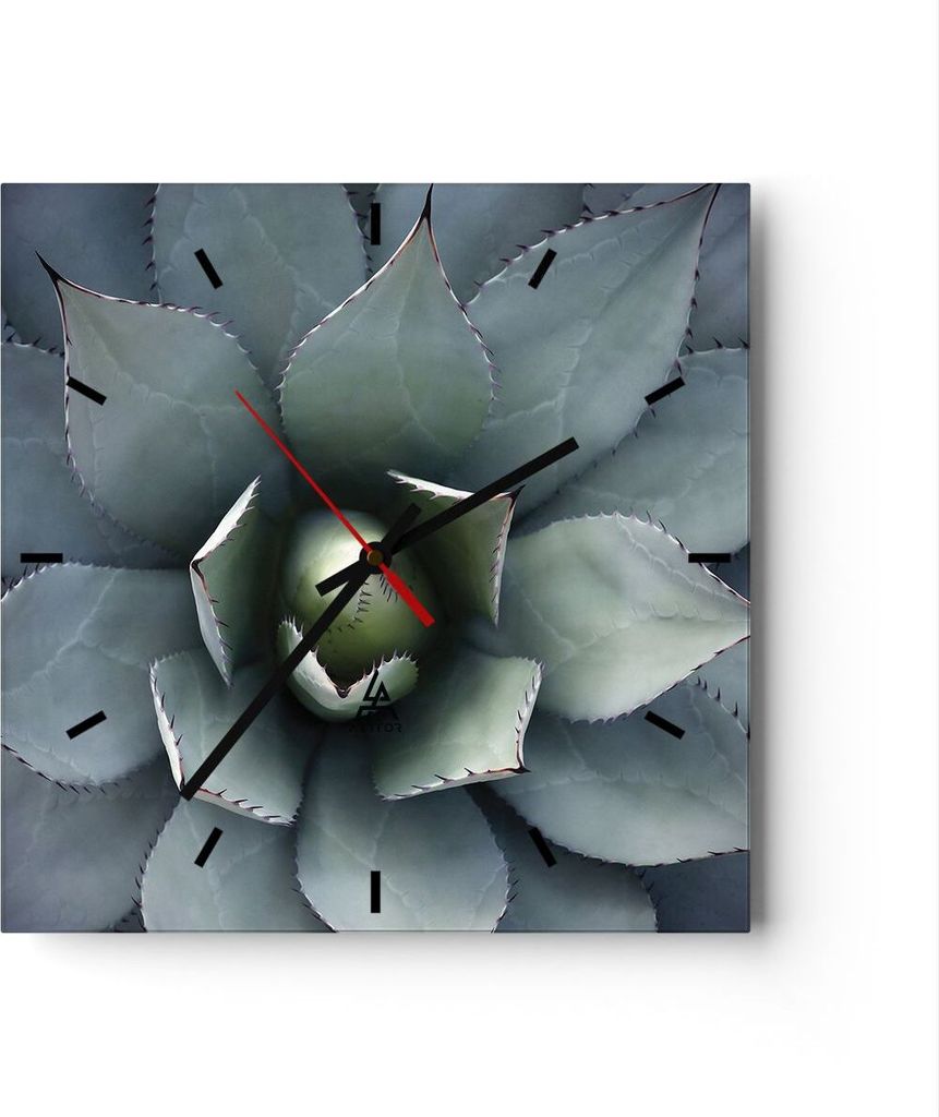 Wanduhr - Quadrat - Glasuhr - Blau Blätter Agave - 40x40cm - Schleichendes Uhrwerk - Lautlos - zum Aufhängen bereit - Dekoration Modern - Wanddek...