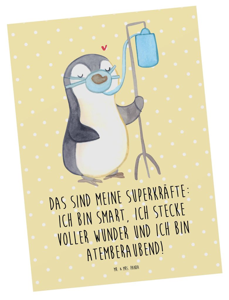 Mr. & Mrs. Panda Postkarte Pinguin Sauerstoff - Gelb Pastell - Geschenk, einzelkarte, bildkarte, Sauerstoffgerät, Postkarten, Ansichtskarten, Saue...