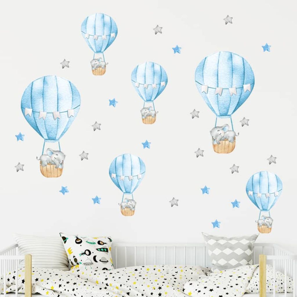 Blaue Babyelefant Wandsticker mit Heißluftballon und Sternen, 30 x 90 cm für Kinderzimmer