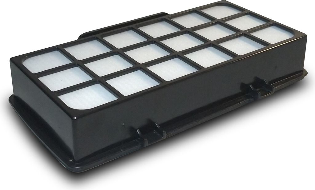 A black vacuum cleaner filter with white filter material inside, shown from a slightly elevated angle against a white background.