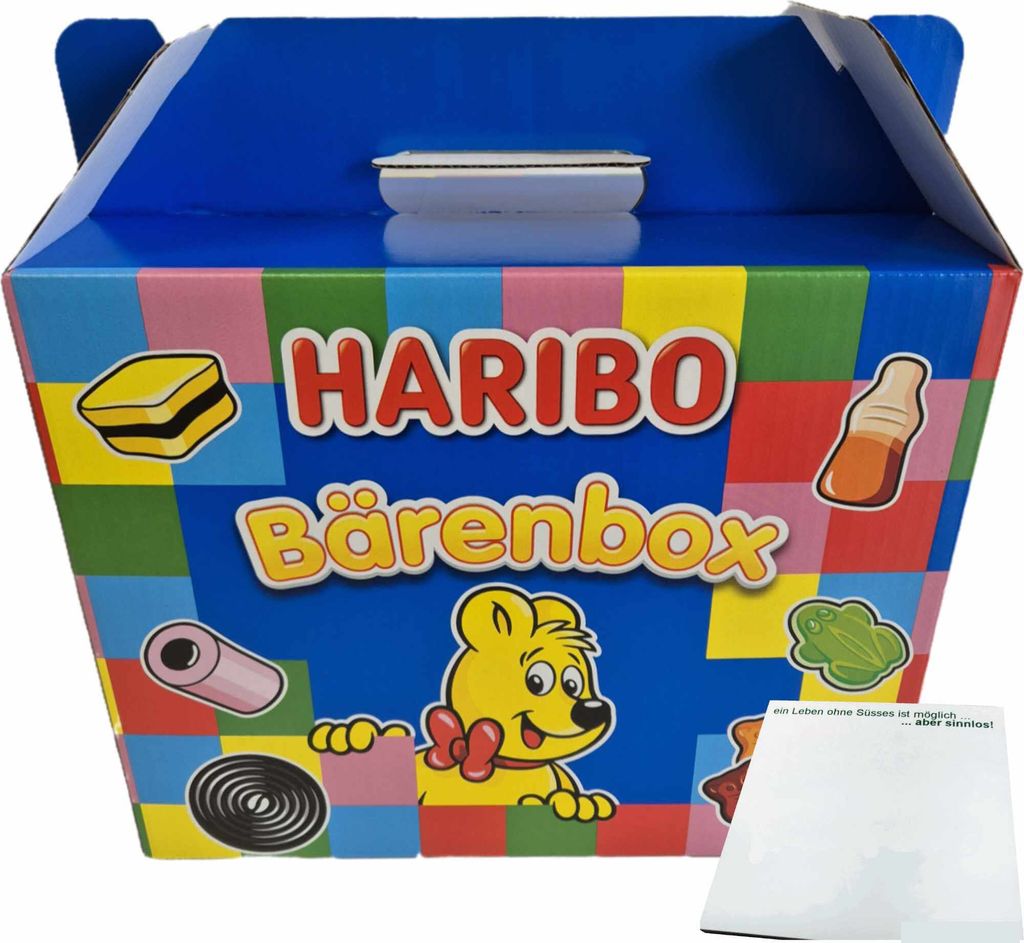 Haribo Bärenbox Papp-Koffer mit 12 Tüten Inhalt, mit Pastas & Ballas (960g Box) + usy Block