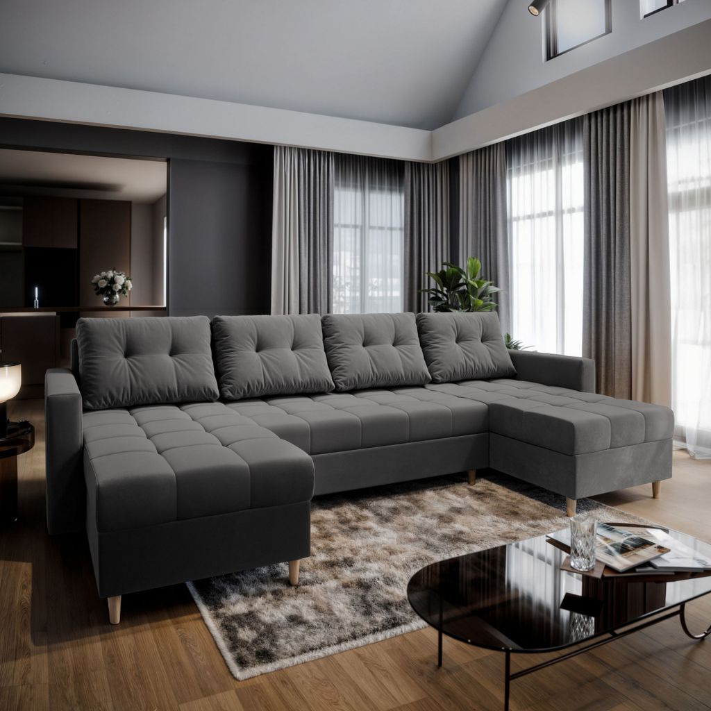 Masseno Ecksofa MILO U mit Schlaffunktion U-Form, Sofa mit Bettkasten, Wohnzimmersofa, Couch, Soffa, Bettsofa, Couchgarnitur- Grau, PAROS 06