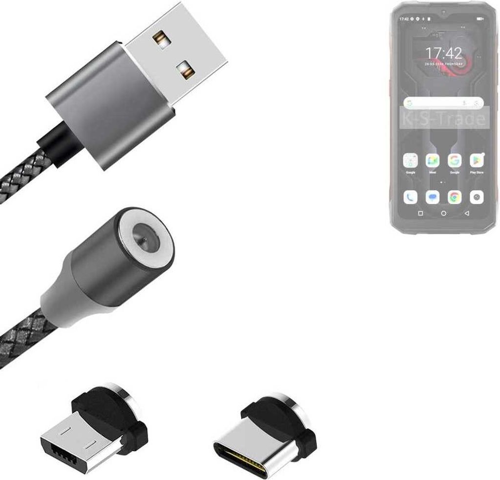K-S-Trade Hochwertiges Magnet-Lade-kabel Sync-Kabel Daten-Kabel kompatibel mit Hotwav Cyber 15 mit USB-Typ-C-Anschluss und Micro-USB-Anschluss 2A bis