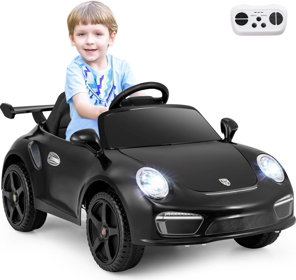 COSTWAY Kinder Elektroauto Porsche, 12V Kinderauto elektisch mit Fernbedienung, Musik, LED-Lichtern, Hupe & 2 Geschwindigkeiten, für Kinder 3+Schwarz