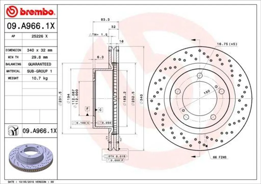 Disque de frein 09.A966.1X Brembo Haute Performance pour Land Cruiser