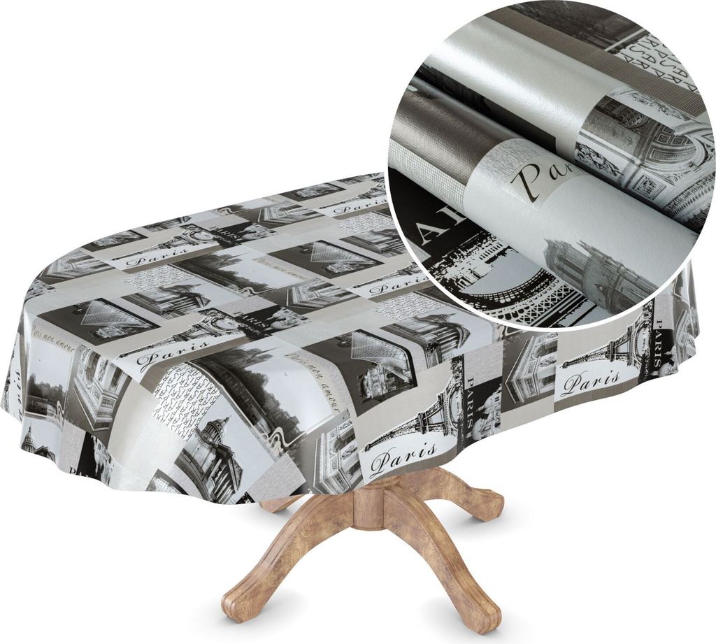 Tischdecke Wachstuch MIMOSA Retro Grau Robust Wasserabweisend Oval Breite 140 cm Länge 240 cm