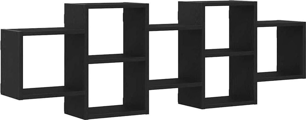 A black modular wall shelf unit against a white background.