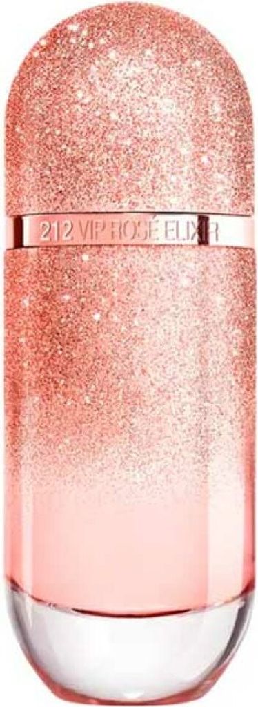 A close-up studio shot of a Carolina Herrera 212 VIP Rosé Elixir Eau de Parfum bottle.
