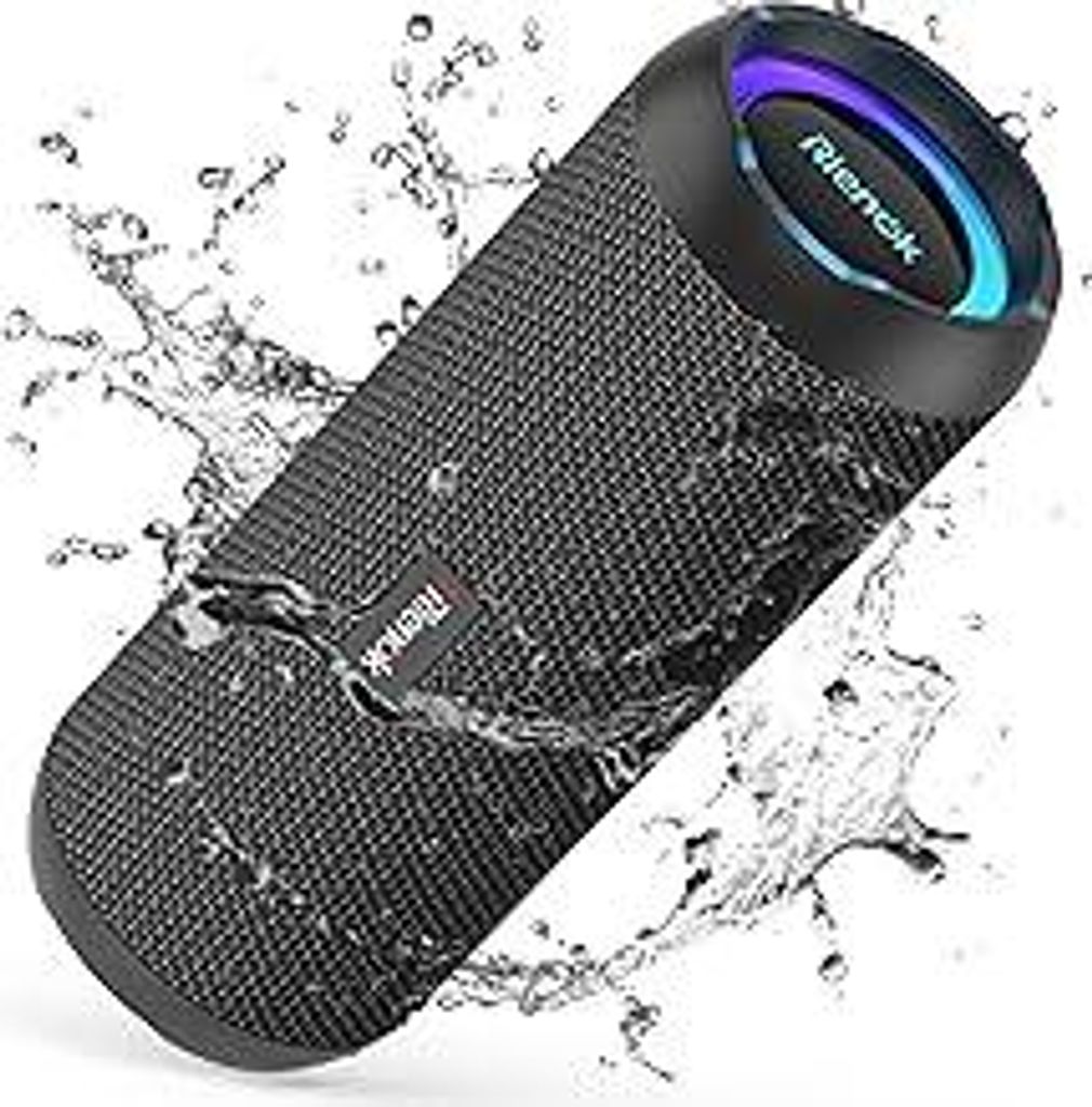 RIENOK Bluetooth Lautsprecher mit Licht Bluetooth 5.3 Musikbox Bass Kabellos Box mit IPX7 wasserdicht Stereo Sound Tragbar