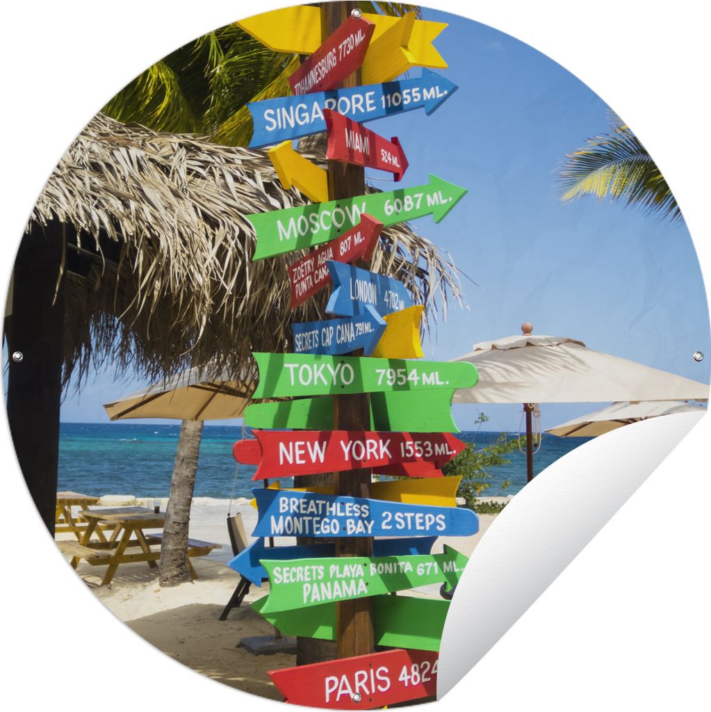 MuchoWow Gartenposter Outdoor-Poster Rund Farbiger Wegweiser mit Weltstädten am Strand in Jamaika Ø 150 cm Gartendeko Rundes Poster draußen