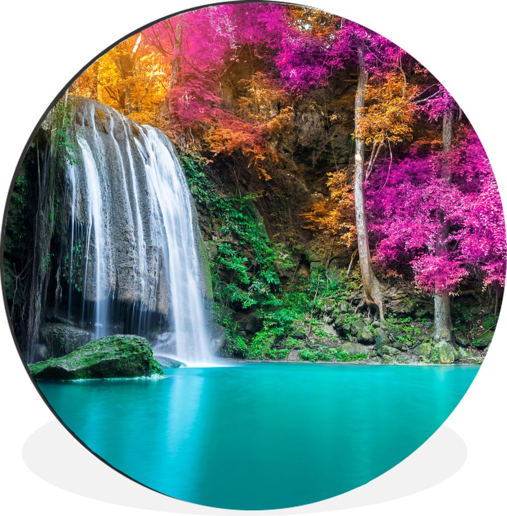 MuchoWow Aluminium Wandkreis Wasserfall - Bäume - Rosa - Braun - Natur Ø 90 cm Wanddeko Modern Wohnzimmer - Mauerkreis - Wandbilder - Runde Bil...