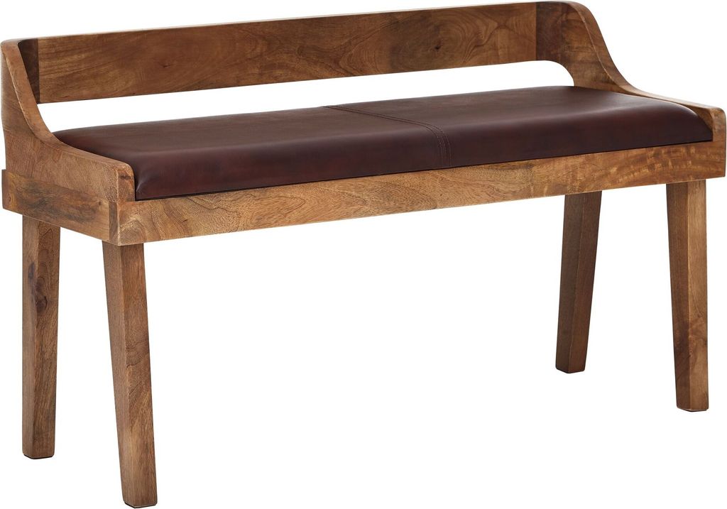 WOHNLING Sitzbank Echtleder / Massivholz Bank 108x63x43 cm Polsterbank mit Rückenlehne Bank Flur Schlafzimmer Braun Kleine Bettbank Leder
