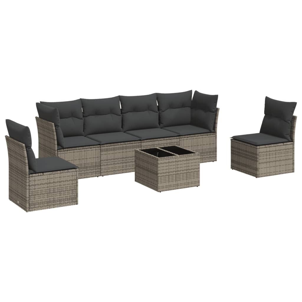 7-tlg. Garten-Sofagarnitur mit Kissen Grau Poly Rattan