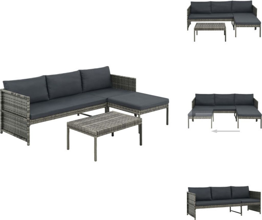 vidaXL 3-tlg. Garten-Lounge-Set mit Auflagen Poly Rattan Grau - Gartenmöbel-Sets