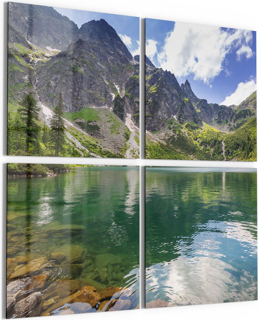 DEQORI Glasbild Echtglas 4x50x50 cm 'Glasklarer Bergsee' Wandbilder XXL groß